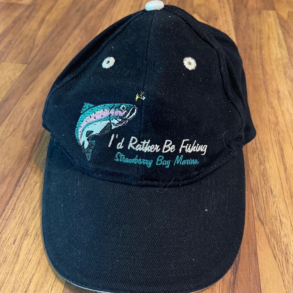 Otto Fishing Hat Mens OSFM I'd Rather Be Fishing Strawberry Bay Marina Black Cap